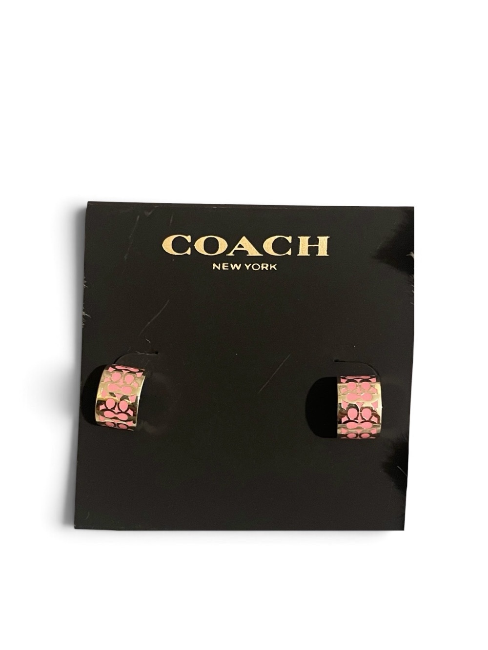 Coach Signature C Pattern Pink and Gold Enamel Huggie Earrings NWT - Picture 4 of 7